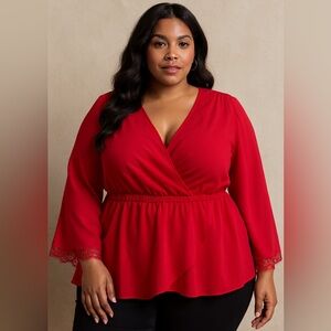 Lane Bryant Wrap Blouse Red Lace Detail 20 Feminine Boho Rococo Revival Moto
